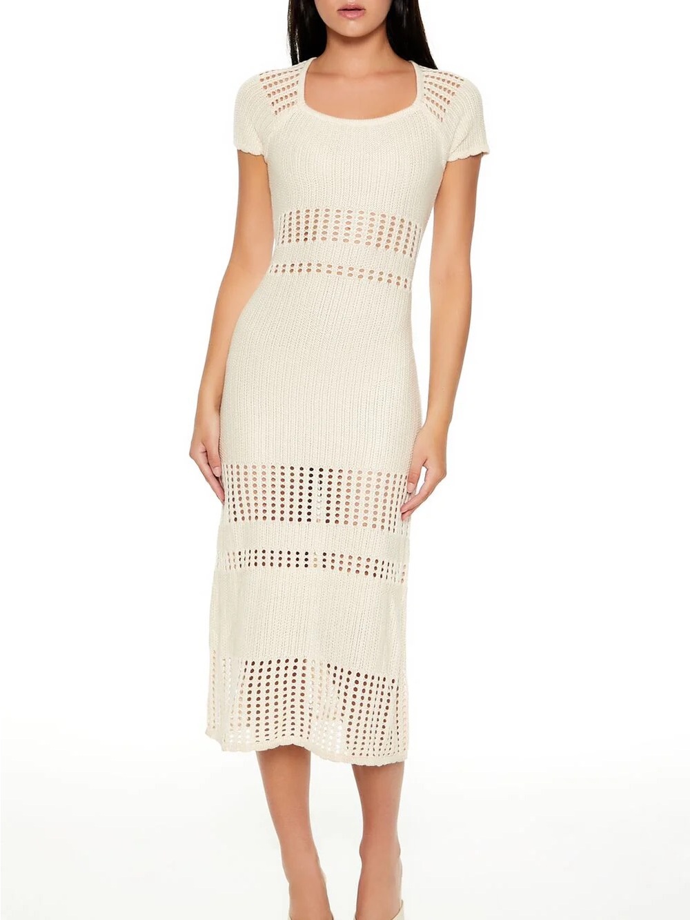 Forever21 Knit Crochet Maxi Dress in Cream - Scoop Neck Short Sleeve medium